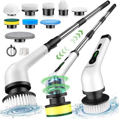Electric Spin Scrubber, Cordless Bathroom Shower Cleaner, Cleaning Brush with 9 Brush Heads 2H Power Dual Speed, Adjustable Extension Handle, IPX7 Waterproof for Tub Tile Floor Car, CA3-White