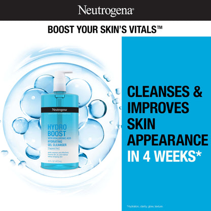 Neutrogena Hydro Boost Fragrance Free Face Wash, Hydrating Gel Facial Cleanser with Hyaluronic Acid, Daily Foaming Face Wash & Makeup Remover, 16 fl. oz