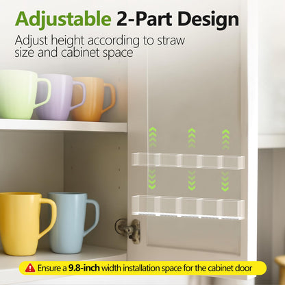 Rycid Straw Holder for Cabinet Door, 9.8” Adjustable Two-Part Large Acrylic Straws Organizer with Ultra Sticky Adhesive Strips, 2025 Reusable Straw Storage for Kitchen Cupboard(Transparent)