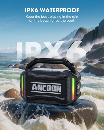 ANCOON Speakers Bluetooth Wireless: 80W(Peak) Loud Speaker with Bass, 20H Playtime, IPX6 Waterproof, Large Jobsite Speakers for Work, Outdoor, Workshop, Garage, Portable Speaker with TWS (Black)