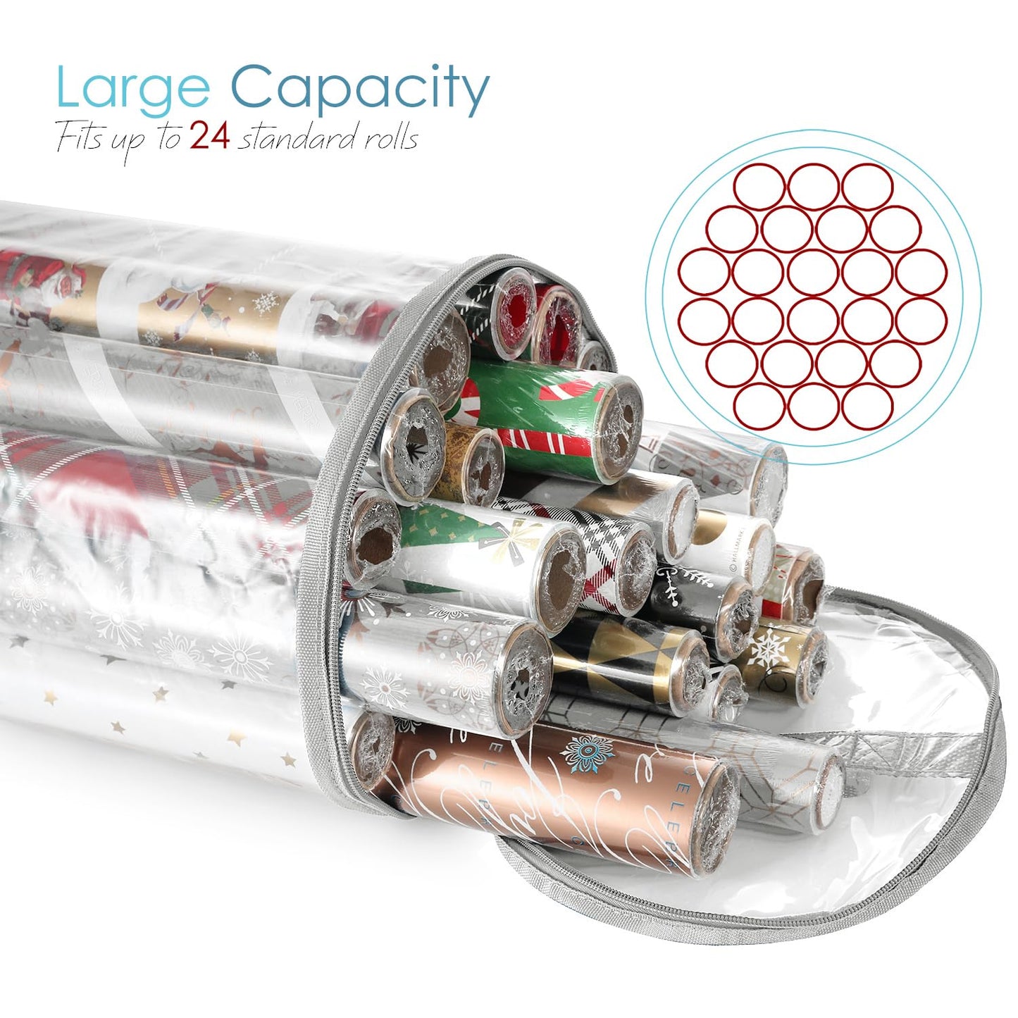 Hearth & Harbor Wrapping Paper Storage Container - Clear Wrapping Paper Holder Fits Up To 14 Rolls of 40" - Tear Proof Gift Wrap Organizer - Premium Bag for Easy Carrying, Silver