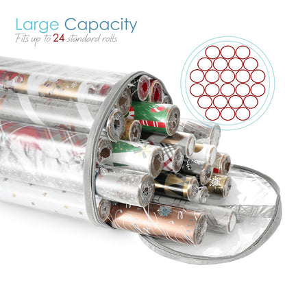 Hearth & Harbor Wrapping Paper Storage Container - Clear Wrapping Paper Holder Fits Up To 14 Rolls of 40" - Tear Proof Gift Wrap Organizer - Premium Bag for Easy Carrying, Silver