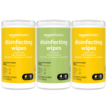 Amazon Basics Wipes, Lemon & Fresh Scent, Sanitizes, Cleans & Deodorizes, 255 Count (3 Packs of 85)