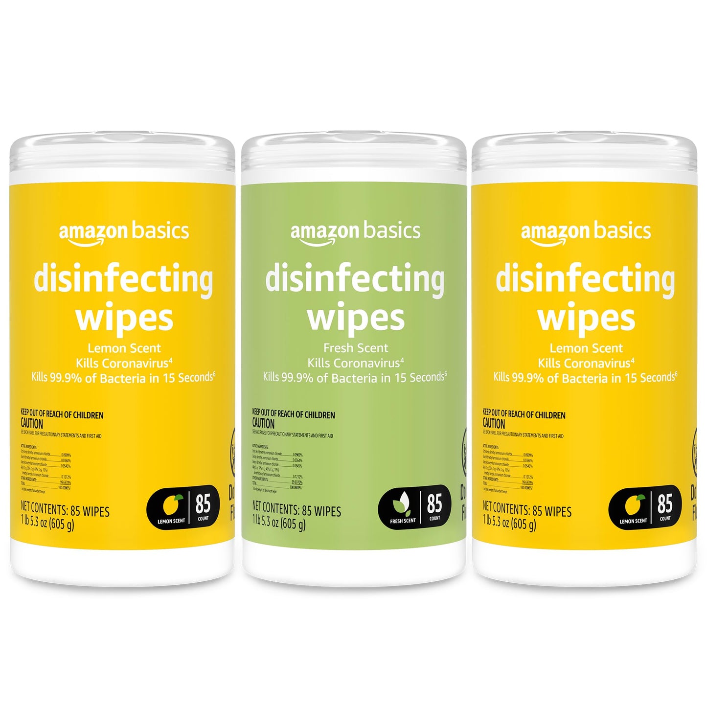 Amazon Basics Disinfecting Wipes, Lemon & Fresh Scent, Sanitizes/Cleans/Disinfects/Deodorizes, 255 Count (3 Packs of 85)