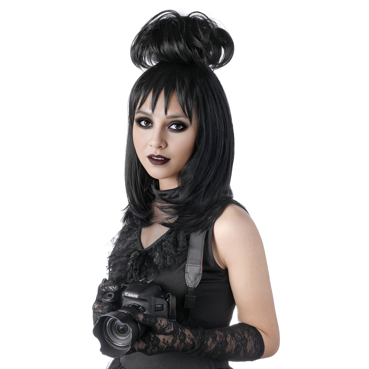 MUPUL Black Cosplay Wig With Bun,Bride Wigs For Costumes,Halloween Costume Wigs For Women