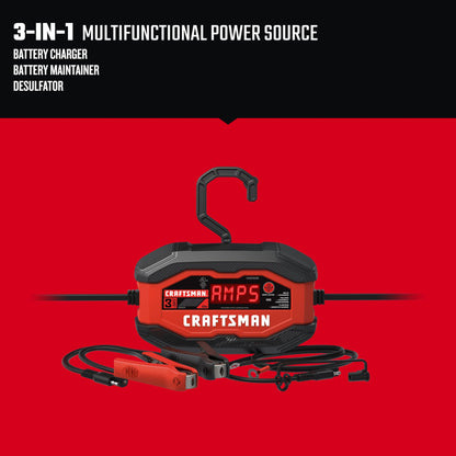 CRAFTSMAN Battery Charger and Maintainer, CMXCESM260, 3-in-1, Fully Automatic, 3 Amps, 12 Volt, for Motorcycle, Car, SUV, Truck and Marine Batteries