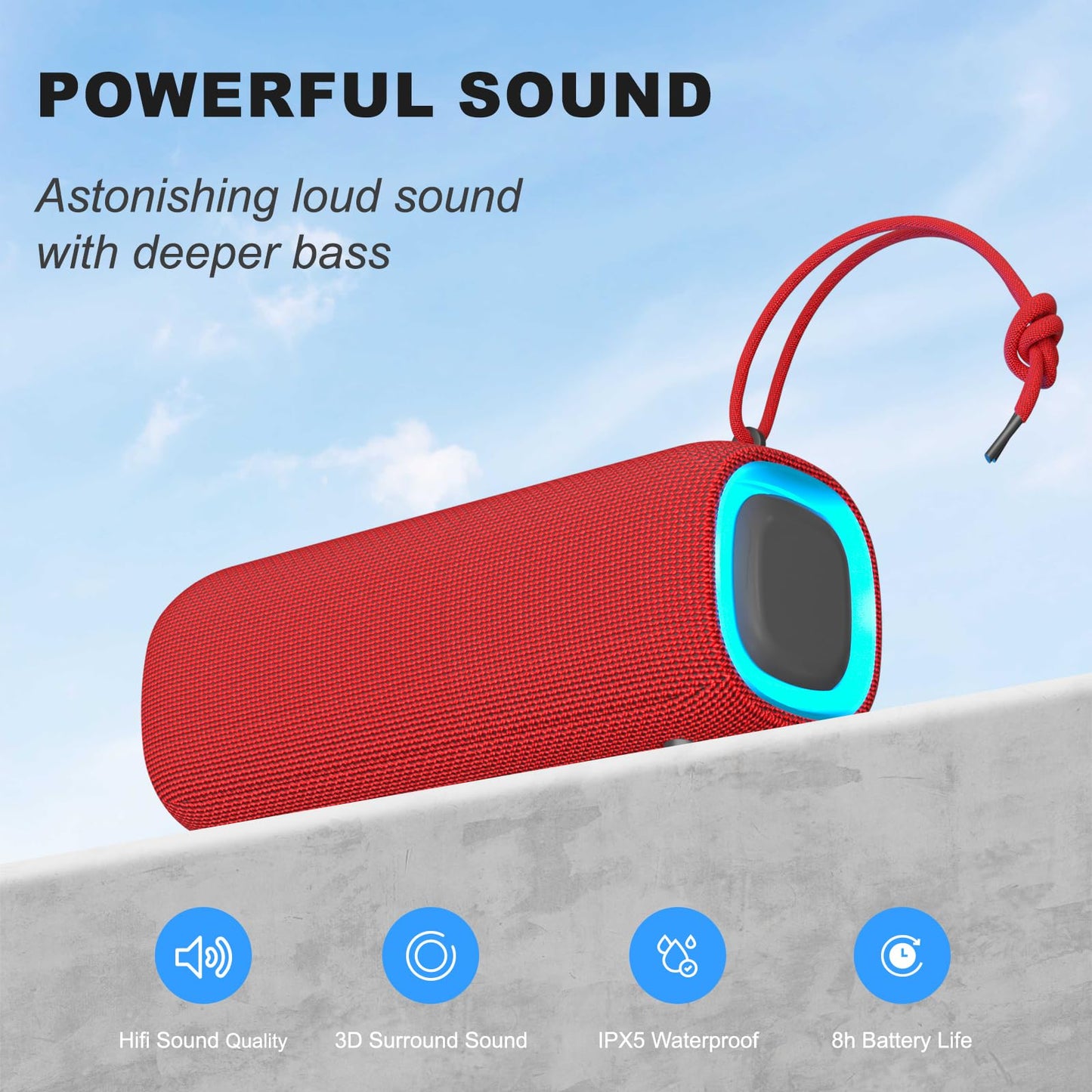 PEICHENG Bluetooth Speaker, Portable Wireless Clear Loud Stereo Sound IPX5 Waterproof with RGB Lights BT5.3 Long Playtime TWS Pairing,for Home Party Outdoor Beach,Great Gift Choice (Red)