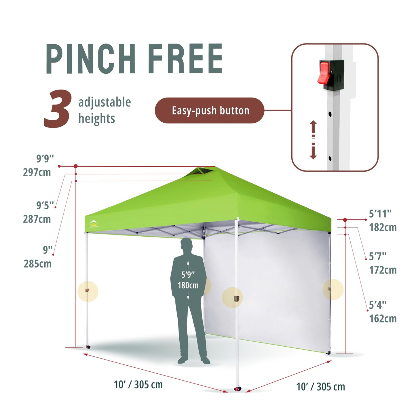 CROWN SHADES 10x10 Pop Up Canopy with 1 Side Wall - Beach Tent with One Push Setup - Outdoor Sun Shade for Events, Parties, Camping - Gazebo with STO-N-Go Cover Bag (Green)