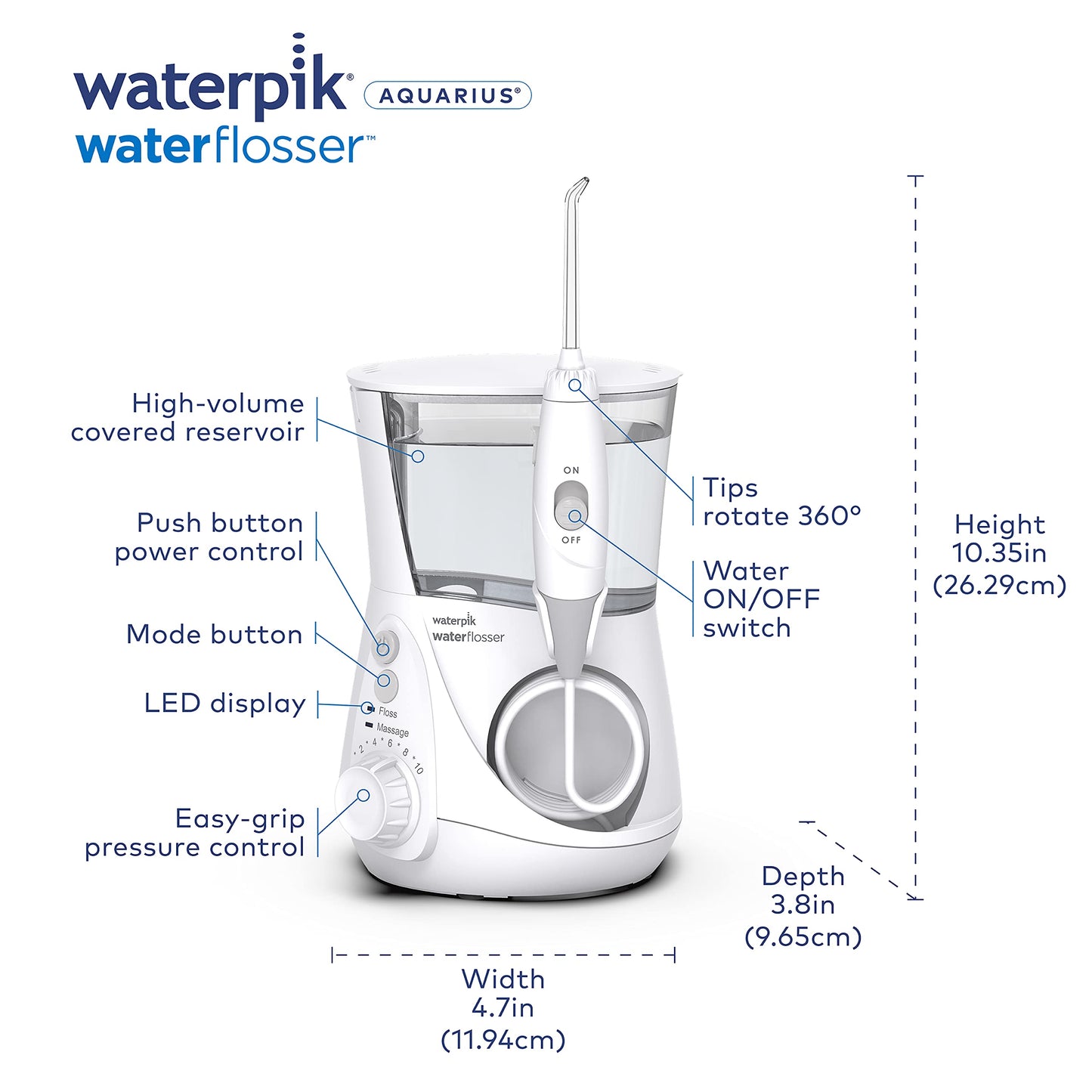 Waterpik Aquarius Water Flosser Professional For Teeth, Gums, Braces, Dental Care, Electric Power With 10 Settings, 7 Tips For Multiple Users And Needs, ADA Accepted, White WP-660