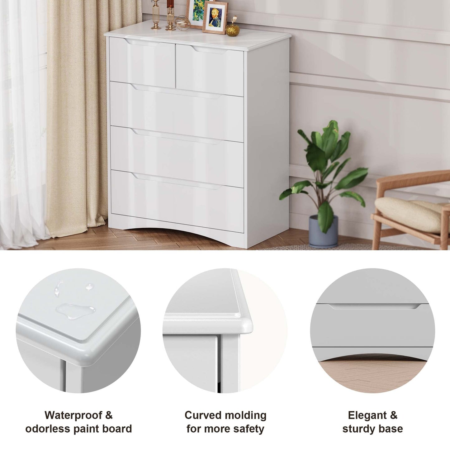 Gizoon 5 Drawers Chest, White Dresser for Dedroom with Embedded Handle, Sturdy Anti-tripping Device, Chest of Drawers with Large Storage Capacity for Hallway, Office, Living Room