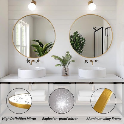 Sunniry Gold Round Mirror, 24 inch Circle Mirror, Gold Metal Frame Bathroom Mirrors, Round Wall Mounted Mirrors for Bathroom, Hallway, Living Room, Bedroom.