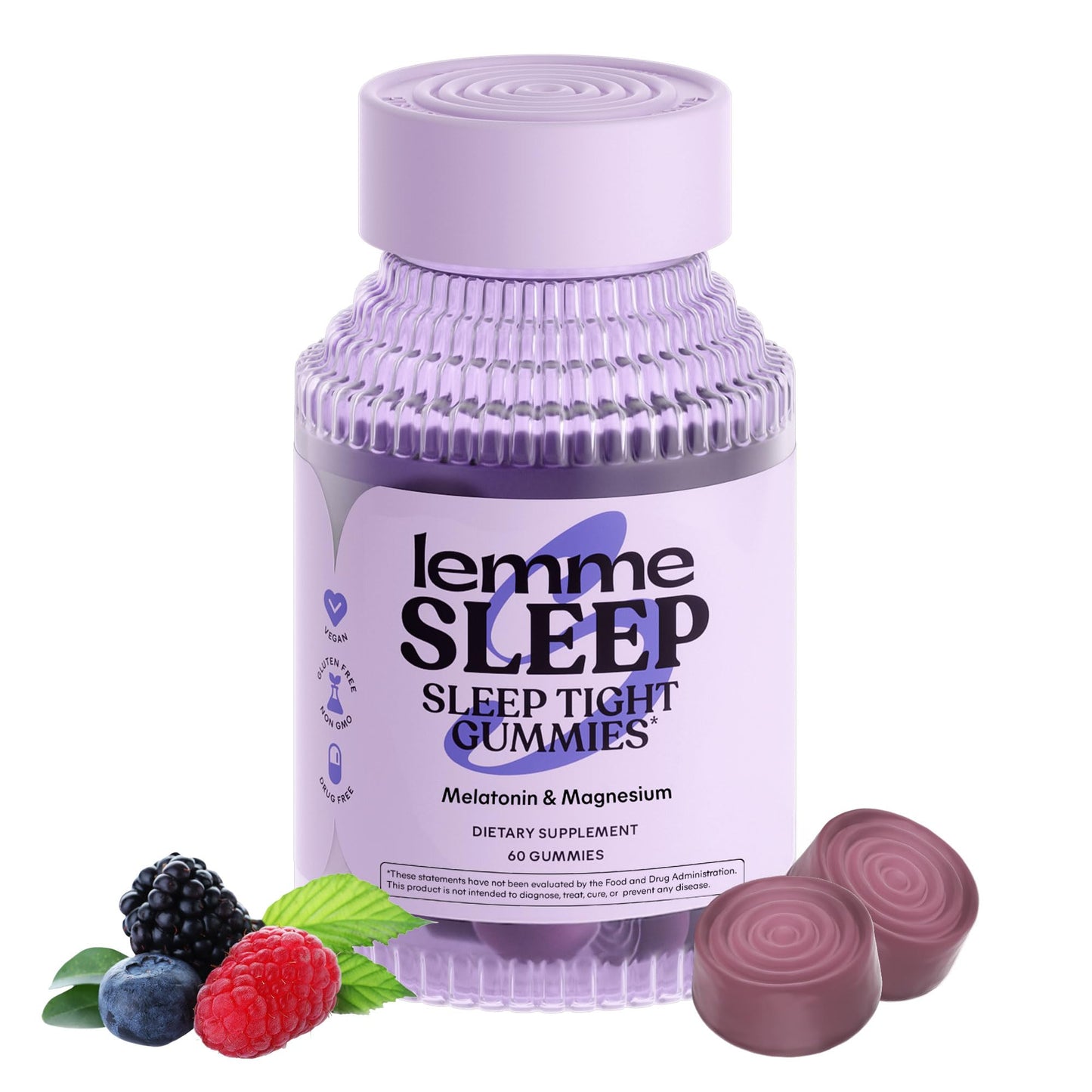 Lemme Sleep Gummies with 5mg Melatonin, Elderberry, Magnesium, L-Theanine, Chamomile and Lavender, Drug-Free Nighttime Sleep Aid, Gluten Free, Gelatin Free, Non GMO, Berry Flavored (60 Count)