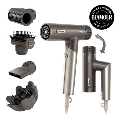 Shark SpeedStyle Pro Flex Professional Performance High-Velocity Hair Dryer System with Scalp Shield & IQ Speed Styling and Drying Suite, Lightweight, Ionic, No Heat Damage, Mocha Silver, HD542