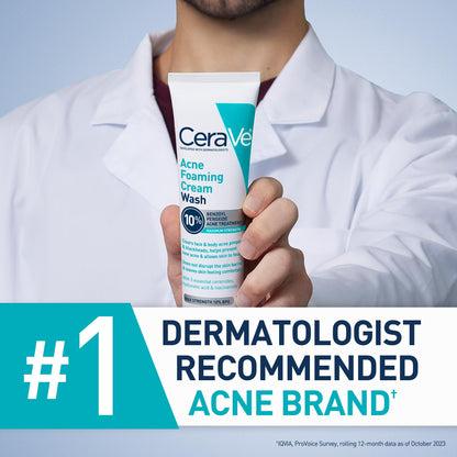 CeraVe Acne Foaming Cream Wash, Gentle Face and Body Cleanser with Benzoyl Peroxide 10%, Hyaluronic Acid, and Niacinamide, 10% Benzoyl Peroxide Treatment Clears Pimples and Blackheads 5 Oz