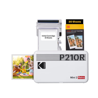 Kodak Mini 2 Retro 4PASS Portable Photo Printer, 2.1x3.4 inches, 38 Sheets Bundle, White