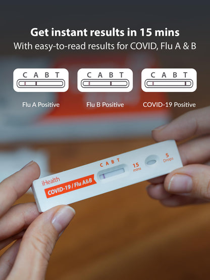 iHealth COVID-19, Flu A&B 3-in-1 Antigen Rapid Test, Results in 15 Minutes, FDA Authorized OTC Flu & COVID Home Test, with Non-invasive Nasal Swab, Easy to Use & No Discomfort (1 Pack, 4 Tests Total)