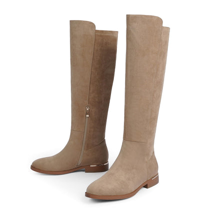Modatope Rounded Toe Knee High Boots Tan Suede Flat Riding Fall Winter Boots Women 2025 Low Heel Elastic Boot Chunky Heel Dress Boot Size 9