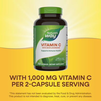 Nature's Way Vitamin C with Bioflavonoids, Immune Support*, High Potency Vitamin C per 2-capsule serving, Promotes Collagen*, 1,000 mg per 2-Capsule Serving, 250 Capsules (Packaging May Vary)