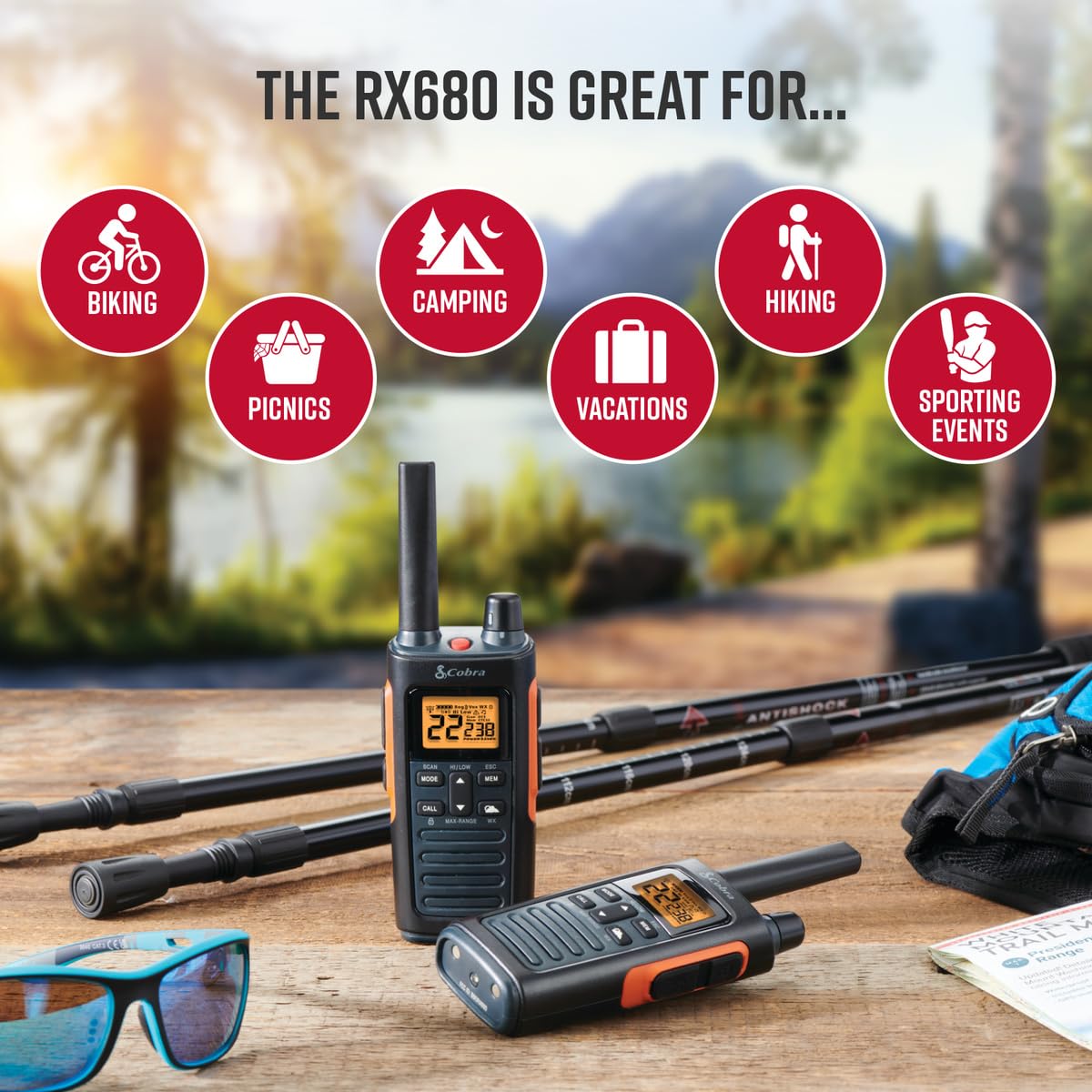 Cobra RX680 Waterproof Walkie Talkies for Adults - Rechargeable, 60 Preset Channels, Long Range 38-Mile Two-Way Radio Set (2-Pack),Black and Orange