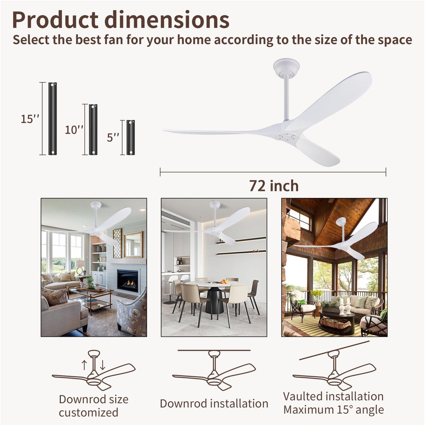 Zronon 72 Inch White Ceiling Fan No Light, Wood Outdoor Ceiling Fans without Lights for Patios Gazebo Porch Living Room, Modern Exterior Extra Large High CFM Ceiling Fan No Light with Downrod