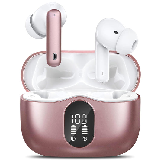 HISOOS Wireless Earbuds Bluetooth Headphones LED Power Display Earphones ANC Ear Buds with Charging Case Bluetooth 5.3 Hi-Fi Stereo for iPhone/Android,Valentine's Day Birthday Gifts (Rose Gold)