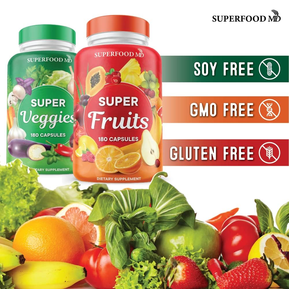 Superfood Fruit and Veggie Supplement - 360 Whole Super Fruit and Vegetable Supplements & Vitamin, Natural Energy Levels, with Olive Leaf Soy Free- 180 Count (Pack of 2)