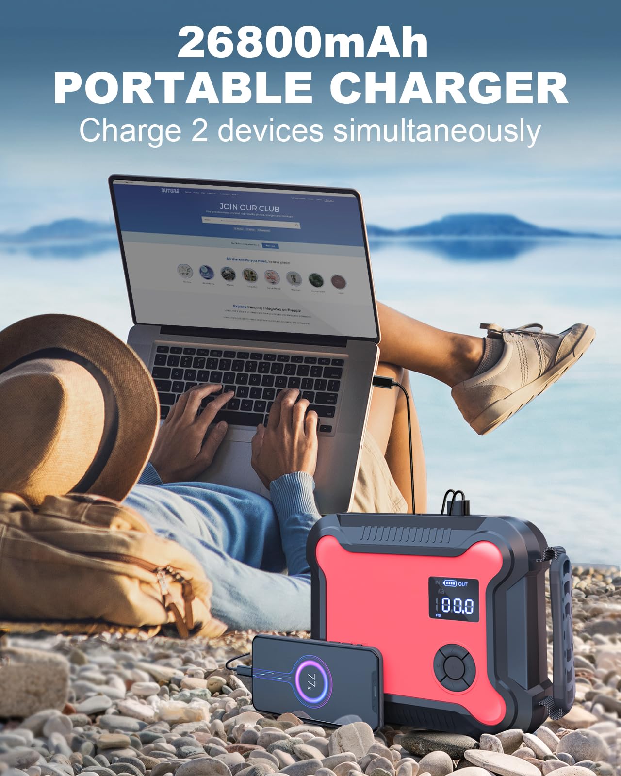 Versatile Car Jump Starter with Air Compressor, 6000A 26800mAh 150PSI (All Gas 8.0L Diesel) Car Battery Jumper Starter Portable Jump Box, Fast Charger with Jumper Cables, 160W DC, Larger Lights