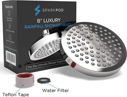 SparkPod Shower Head - High Pressure Rain - Premium Quality Luxury Design - 1-Min Install - Easy Clean Adjustable Replacement for Your Bathroom Shower Heads (Luxury Polished Chrome, 6 Inch Round)