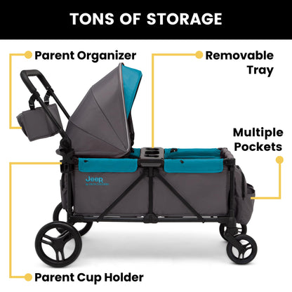 Jeep Sport All-Terrain Stroller Wagon by Delta Children - Includes Canopy, Parent Organizer, Adjustable Handlebar, Snack Tray & Cup Holders, Grey/Blue Moon