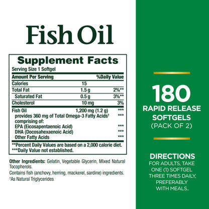 Nature’s Bounty Fish Oil 1200 mg, Supports Heart Health With Omega 3 EPA & DHA, 360 Rapid Release Softgels, Twin Pack