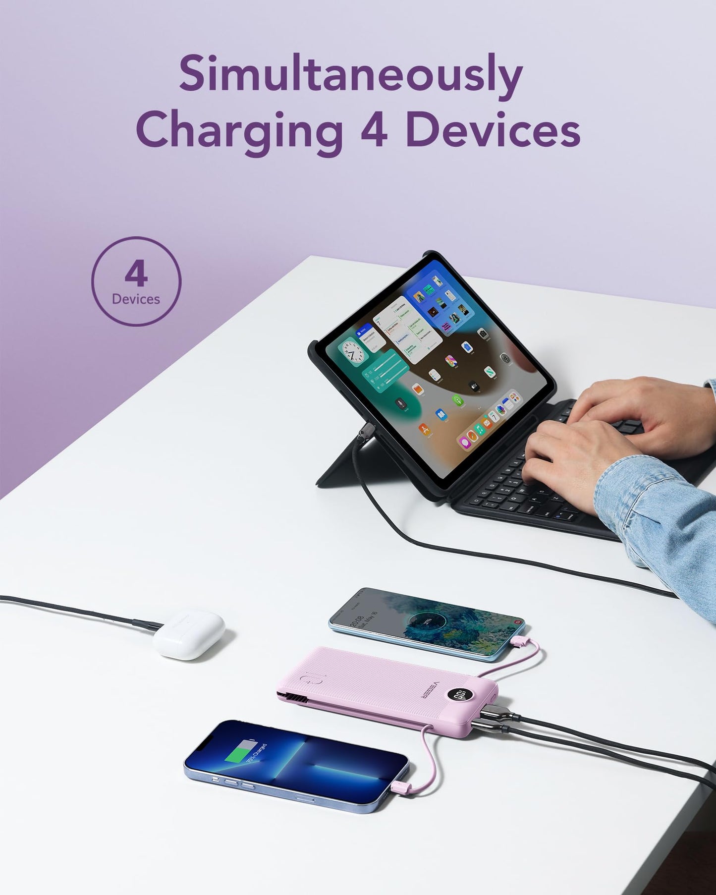 VEGER Portable Charger with Built-in AC Plug and Cables, All in One 10000mAh Ultra Slim Power Bank Travel Essentials, 15W Fast Charging Battery Pack Compatible with iPhone, Samsung, Android (Purple)