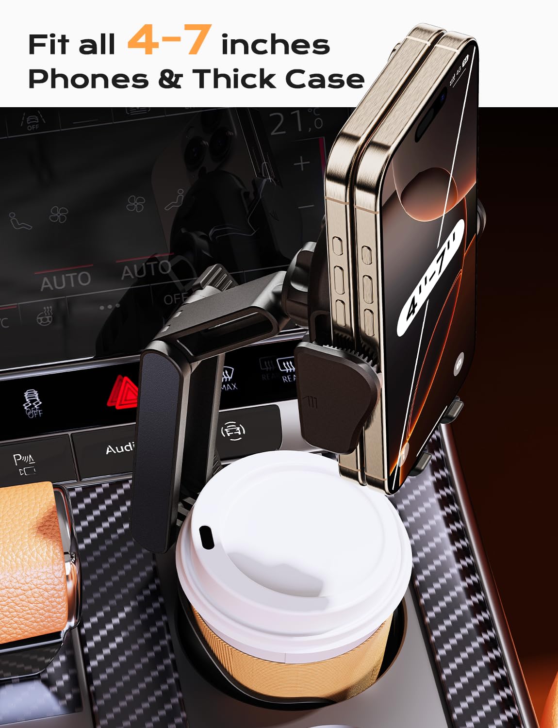 TAZENI 2-in-1 Cup Holder Cell Phone Holder for Your Car Bottle Friendly Cup Cell Phone Holder Mount for Car Height Adjustable Sturdy Fit 4-7 inches Phones