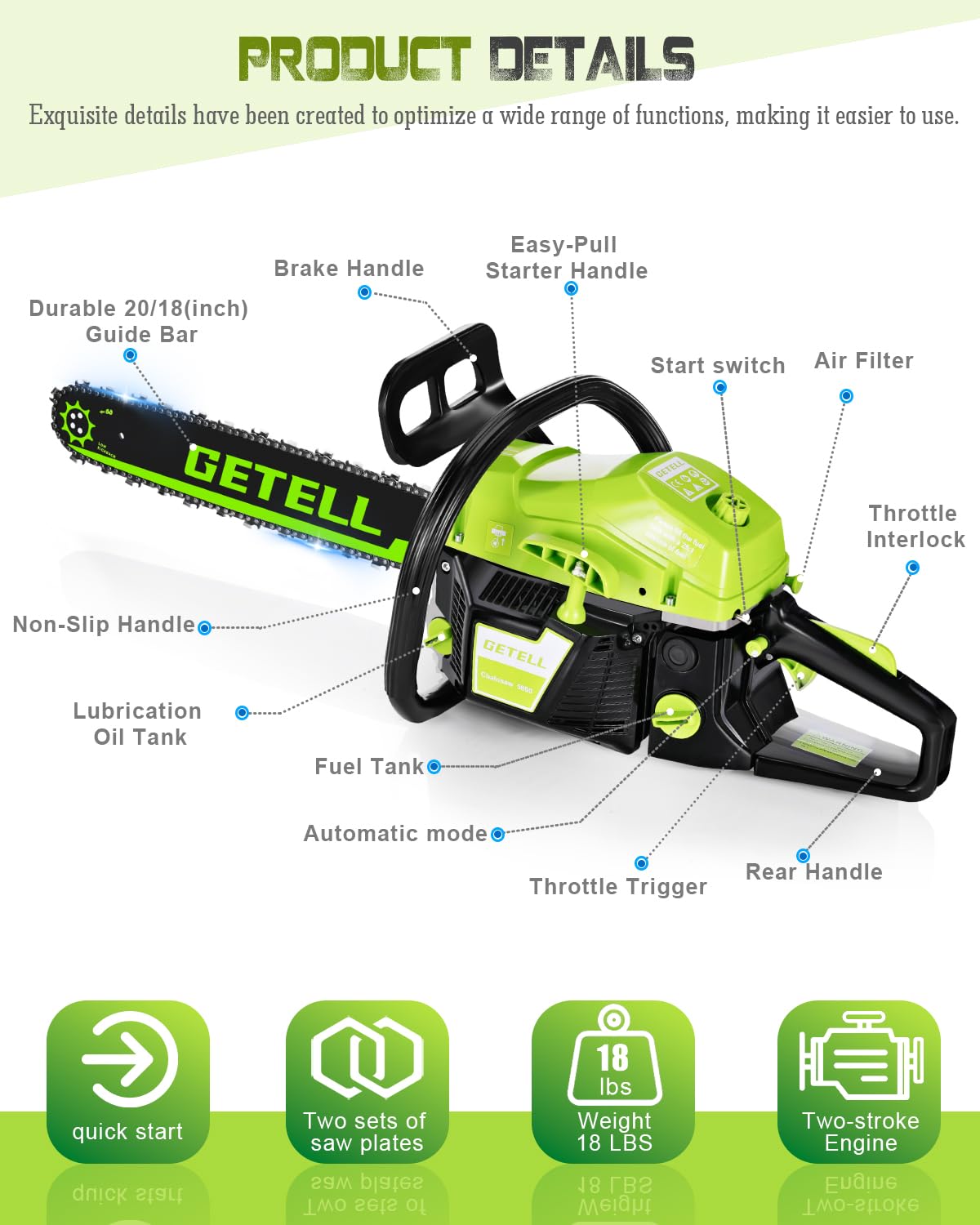 Snoonwee Gas Powered Chainsaw with 20 and 18 Inch Bar Dual System, 58cc 3.6 HP Professional 2-Stroke Engine, Easy Start and Anti-Vibration for Farm Ranch or Heavy Duty Wood Cutting (Green)