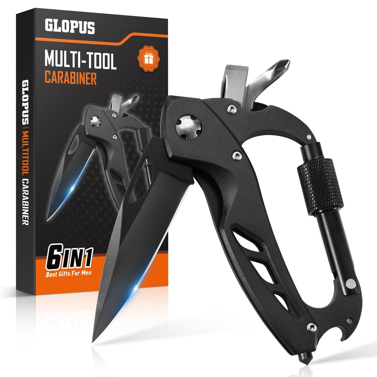 Stocking Stuffers for Men Adults, 6 in 1 Multitool Carabiner with Pocket Knife, Christmas Gifts for Mens Him, Cool Gadgets for Men, Folding Knives, Bottle Opener, Window Breaker And Screwdriver