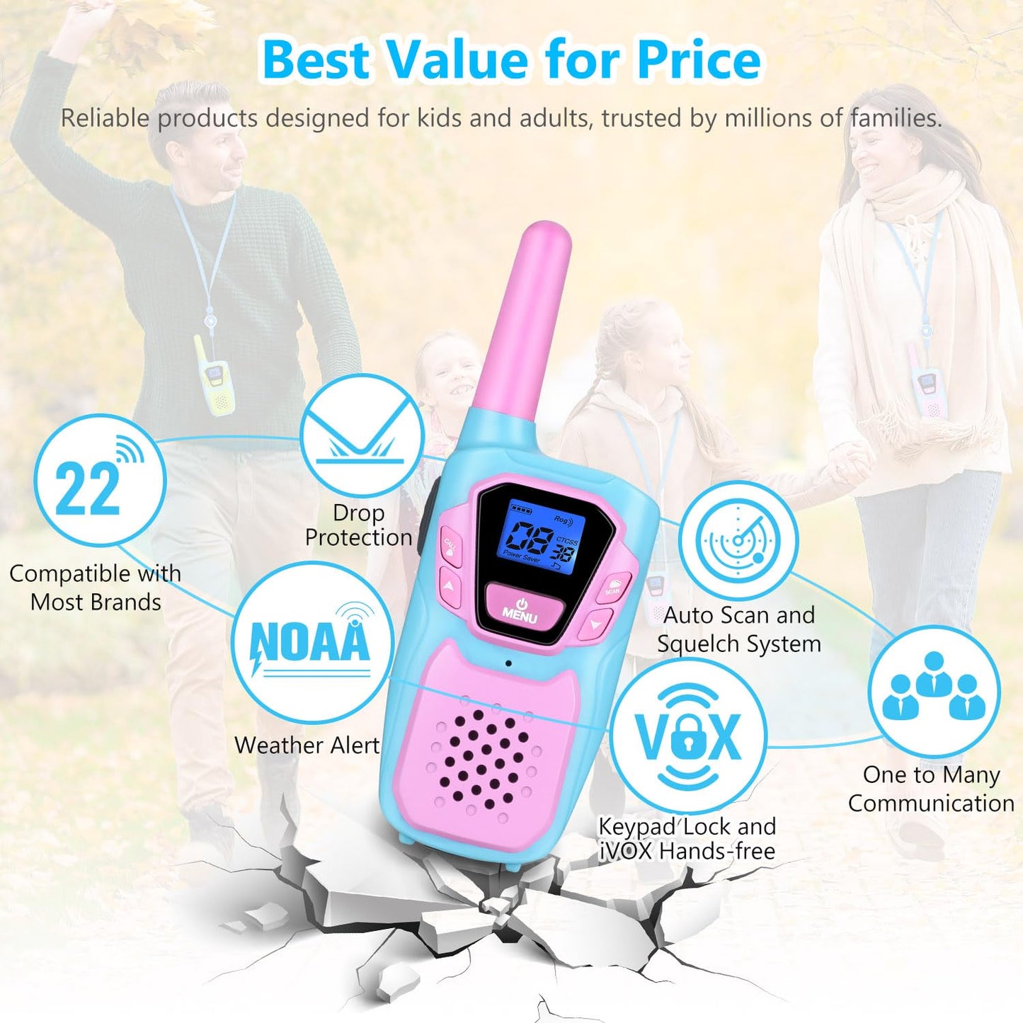 Topsung Walkie Talkies for Kids Long Range Walkie-Talkie for Adults Rechargeable 4 Pack with Lanyard NOAA USB, Family Pink 2 Way Radio Toys for 3-12 Year Old Boys Girls Toddlers Camping Skiing