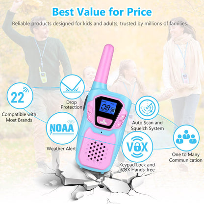 Topsung Walkie Talkies for Kids Long Range Walkie-Talkie for Adults Rechargeable 4 Pack with Lanyard NOAA USB, Family Pink 2 Way Radio Toys for 3-12 Year Old Boys Girls Toddlers Camping Skiing