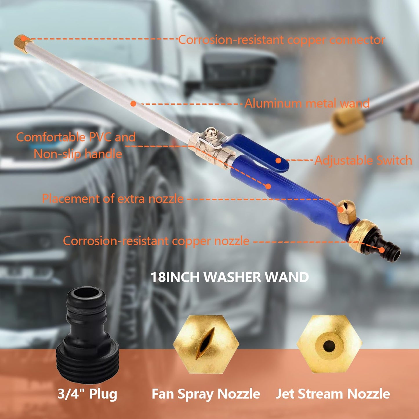 Hydro Jet Power Washer Wand, High Pressure Power Washer Wand with 2 Nozzle and Quick Connectors, Watering Sprayer Cleaning Tool for Patio Car Pet Gutter Window Garden Cleaning