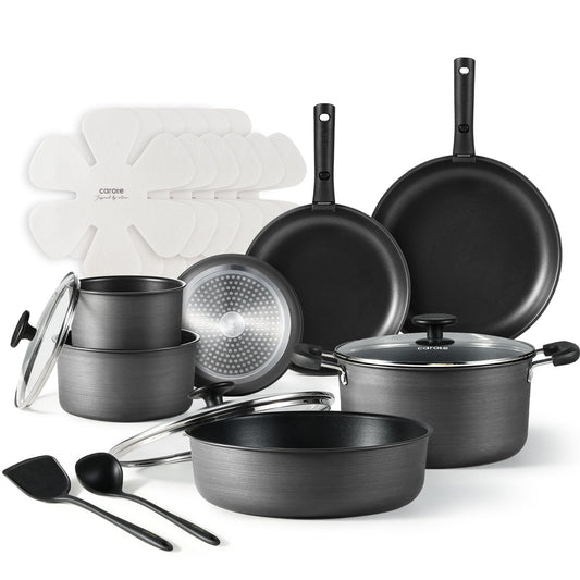 CAROTE 20pcs 4-Ply Premium Hard Anodized Pots and Pans Set Non Stick with Detachable Handle, Dishwasher/Oven Safe, RV Kitchen Cookware Set Nonstick, Induction Cookware, Large Capacity Pans and Pot Set