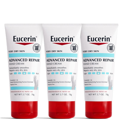 Eucerin Advanced Repair Hand Cream, Immediately Soothes and Repairs Very Dry Skin, Fragrance Free, Non Greasy, Fast Absorbing, Travel Size Hand Lotion, 2.7 Oz Tube, Pack of 3