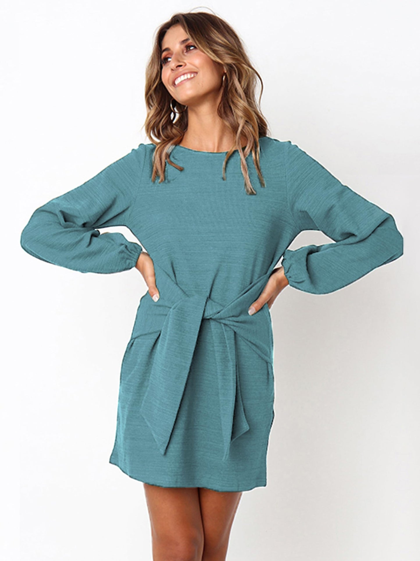 PRETTYGARDEN Women's Elegant Long Lantern Sleeve Short Dress Crewneck Tie Waist Knit Cocktail Dress (Blue Green,Small)