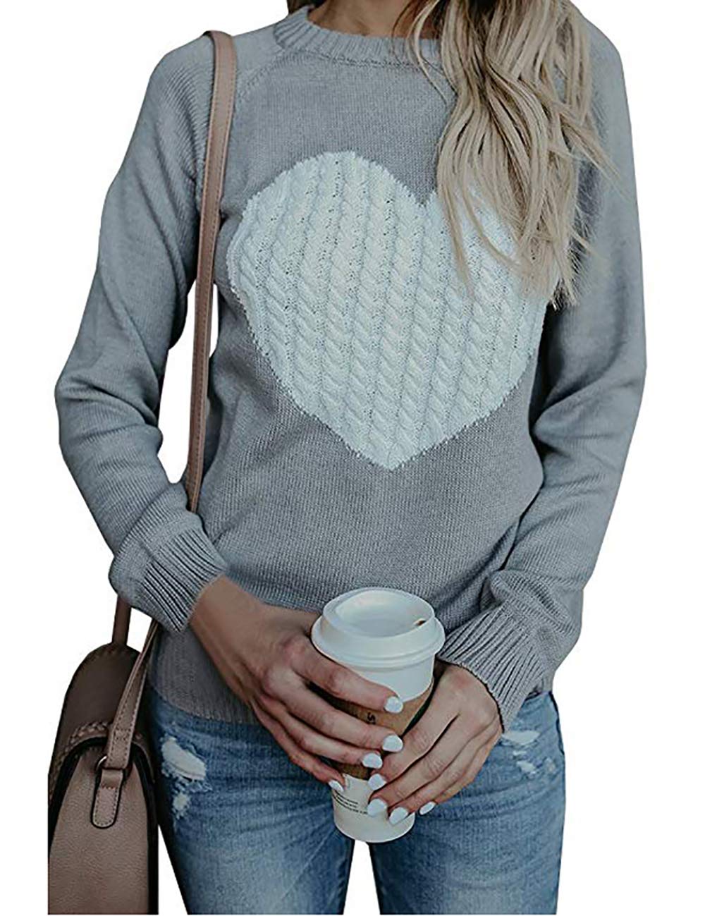 shermie Women's Pullover Sweaters Long Sleeve Crew Neck Casual Front Big Cute Heart Sweater Large Grey