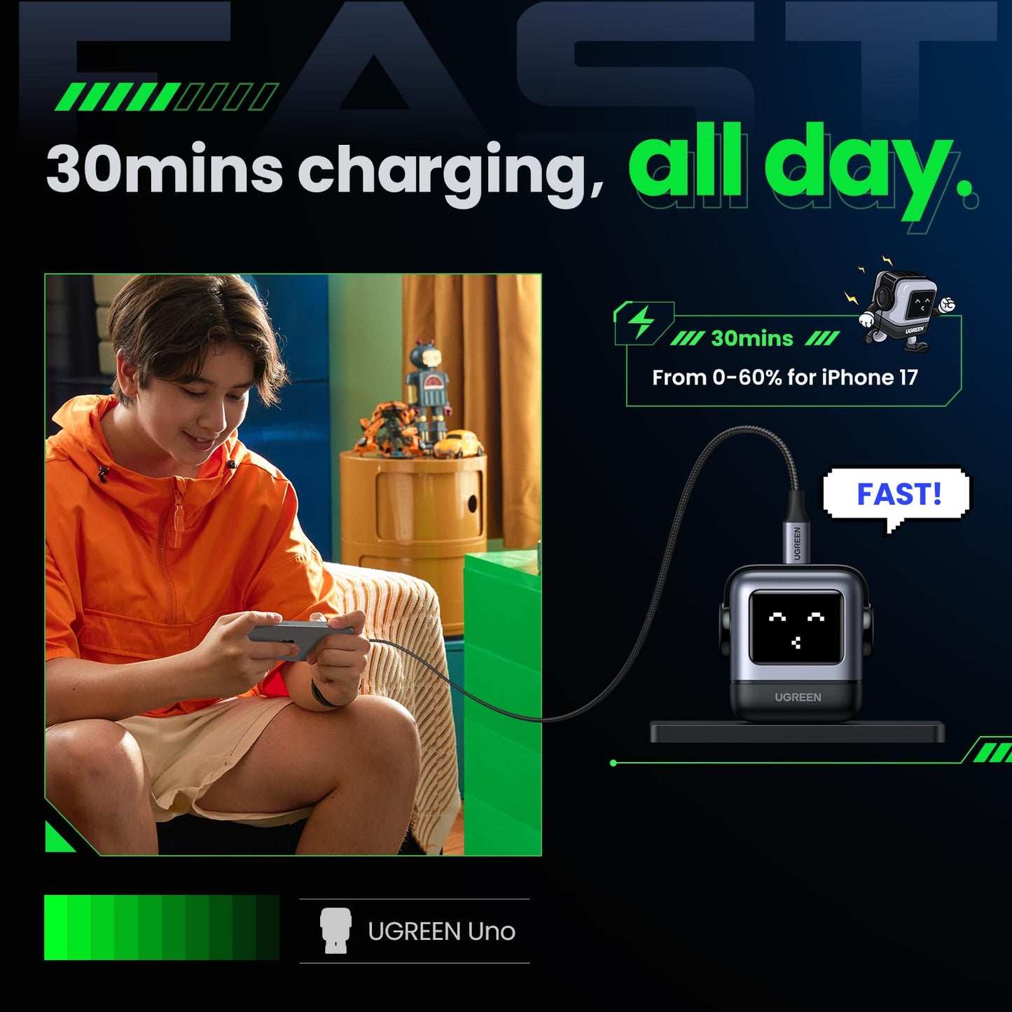 UGREEN Uno 30W USB C Charger Block, Compact Robot GaN Fast Charger for iPhone 17, Gifts for Women Men, Compatible with iPhone 17/16/15, Galaxy S25/S24/S23, Pixel 10/9/8, iPad, Black