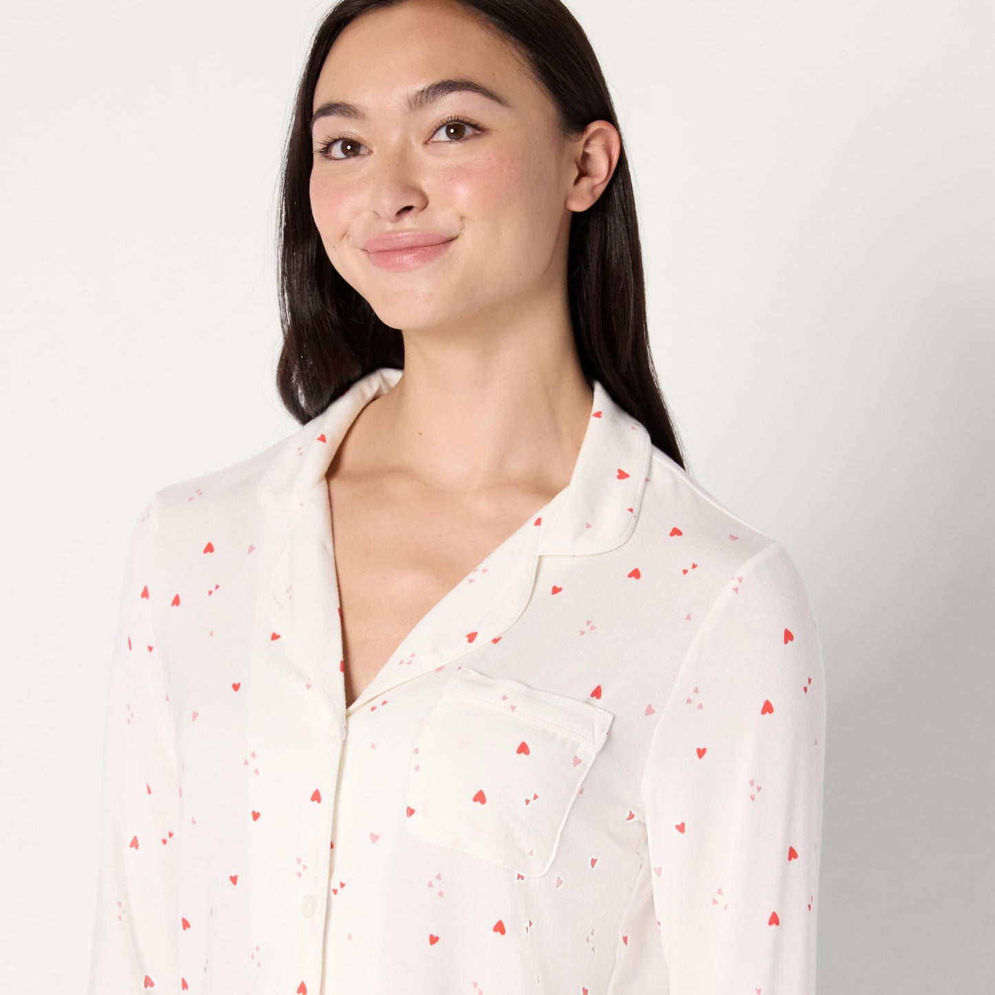 Amazon Essentials x Sofia Grainge Women's Stretch Modal Long-Sleeve and Full-Length Bottom Pajama Set, Ivory Multi Hearts, Medium