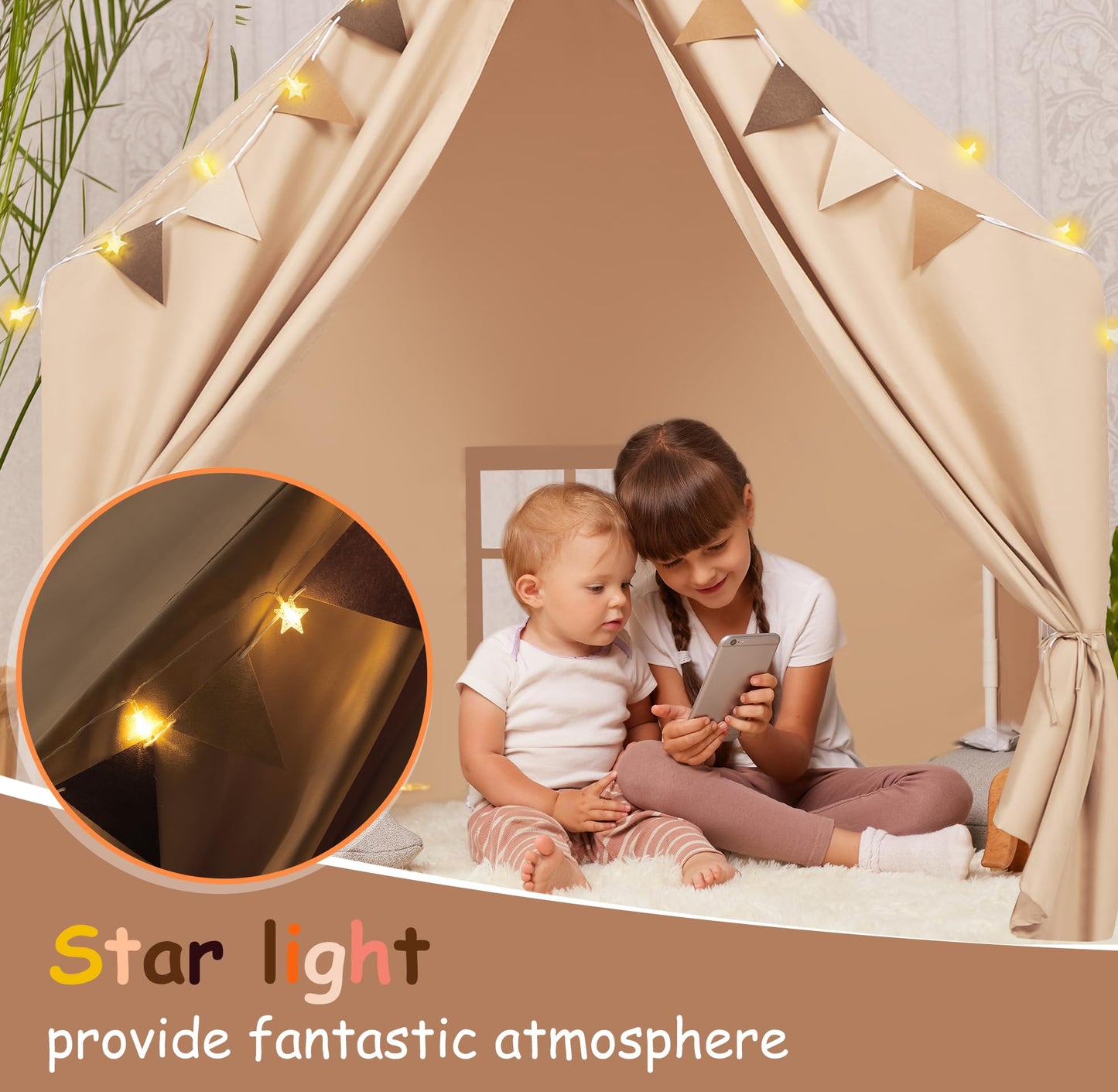 MORITECK Kids Play Tent with Padded Mat & Star LED Lights for Ages 4-8-10 Year Old Girls Boys, Large Cute Indoor Play Room House Tent for Toddler Children