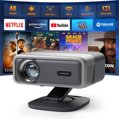 [Netflix Officially&AI Auto Focus]AuKing Smart Projector with Wifi and Bluetooth,Auto Focus&Keystone Projector4K,3D DoIby Audio, 1200ANSI Outdoor Projector with Omnidirectional Rotating Stand(Grey)