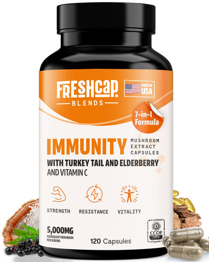 FreshCap 7-in-1 Immune Support Supplement - 5000mg Turkey Tail Mushroom Capsules, Immune Boosters for Adults, Immunity Boost Supplement, Elderberry Vitamin C and Zinc, Ayurveda (120 Capsules)