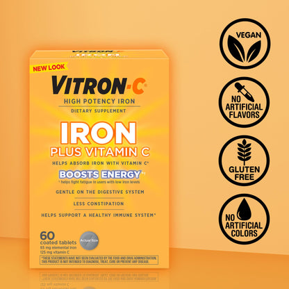 Vitron-C Iron Supplement, Once Daily, High Potency Iron Plus Vitamin C, Support Red Blood Cell Production, Dye Free Tablets, 60 Count, 2 Pack
