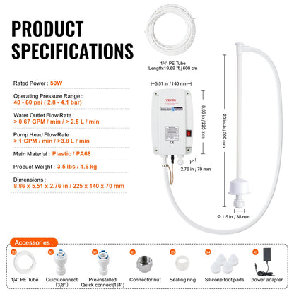 VEVOR Bottled Water Dispenser Pump System, 5 Gallon Dispensing System, Automatic Electric Water Dispenser, Single Inlet Water Jug Pump, Compatible Use with Coffee/Tea Machine, Refrigerator, Ice Maker