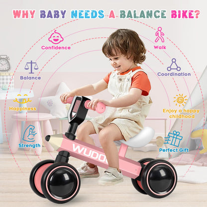 Wudola Baby Balance Bike for 1 Year Old, Birthday Gifts for Boys and Girls - No Pedal 4 Silence Wheels & Soft Seat Toddler Bike for 10-36 Months, Pink