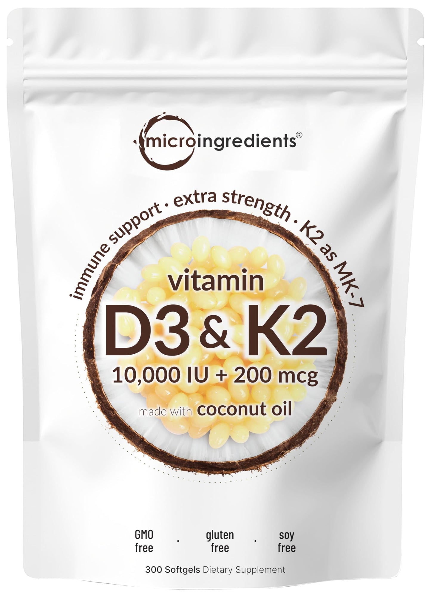 Vitamin D3 10000 iu Plus K2 (MK-7) 200 mcg, 300 Virgin Coconut Oil Softgels| 2 in 1 Vitamins D & K Complex | Supports Calcium Absorption, Bone, Immune, & Heart Health – Easy to Swallow